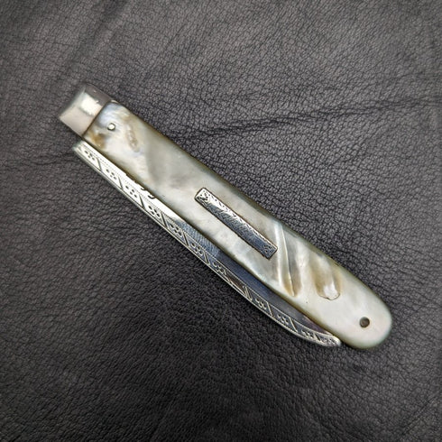 1816 British Antique White Pearl Shell Handle Pure Silver Blade Folding Pen Knife